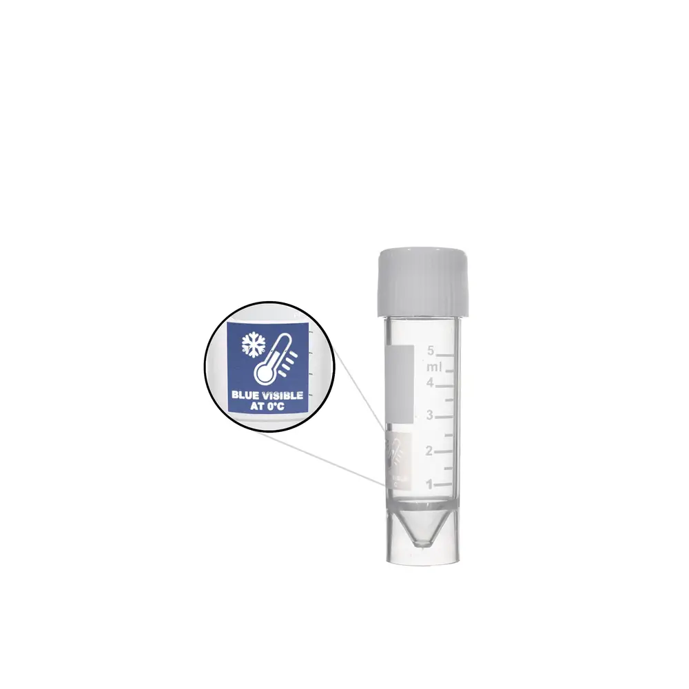 Olympus Plastics 21-429 10ml Transport Tubes & Caps with Temperature Indicator, Polypropylene, Sterile, 5 Bags of 100 Tubes/Unit Primary Image