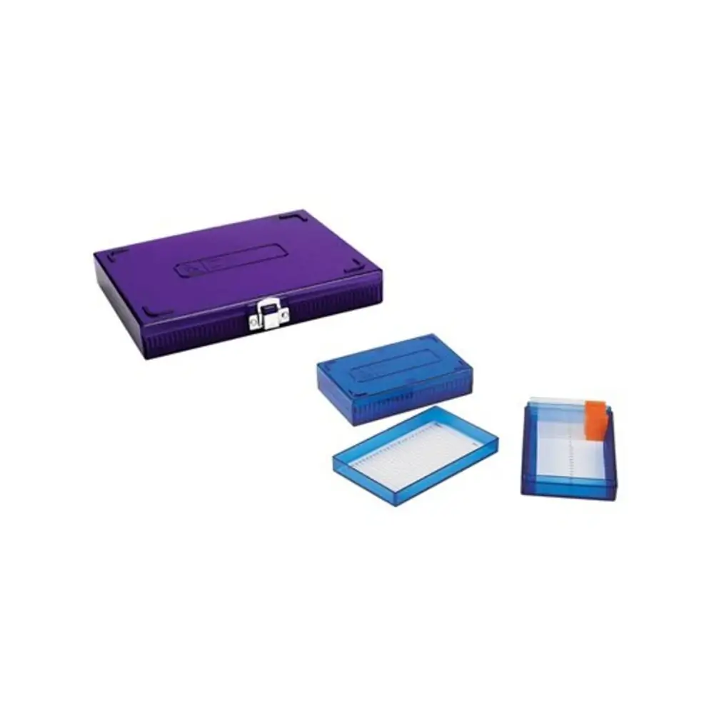 Heathrow Scientific 120316 25-Place Slide Box, Blue , Low Temp, Polycarbonate, 1 Sliding Box/Unit Primary Image